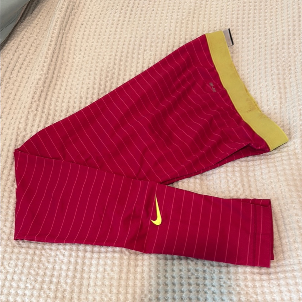 Nike Red Striped Leggings with Yellow Accents